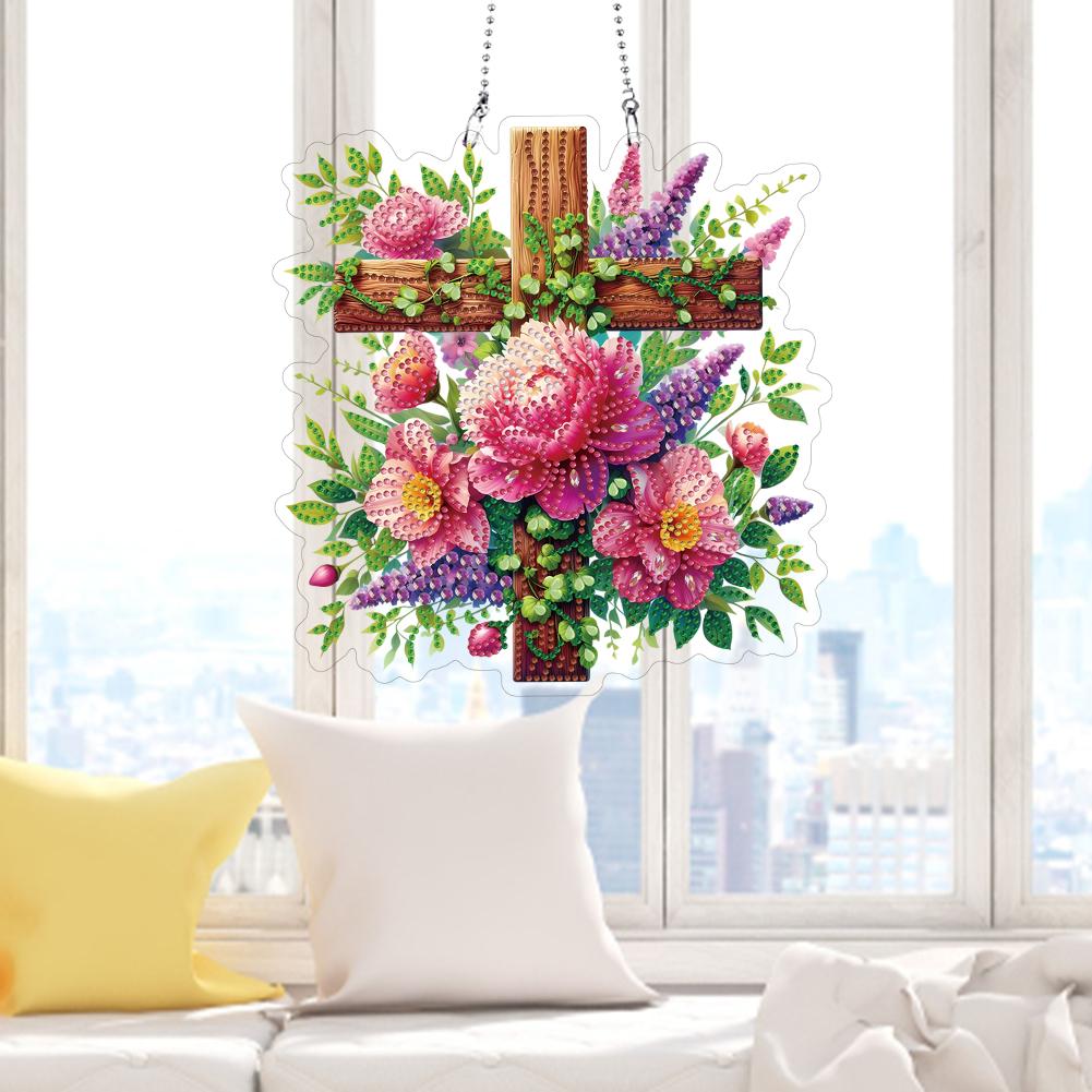 Acrylic Special Shaped Cross Flower Diamond Painting Hanging Decorations Rhinestone Diamond Art Window Pendants for Office Decor