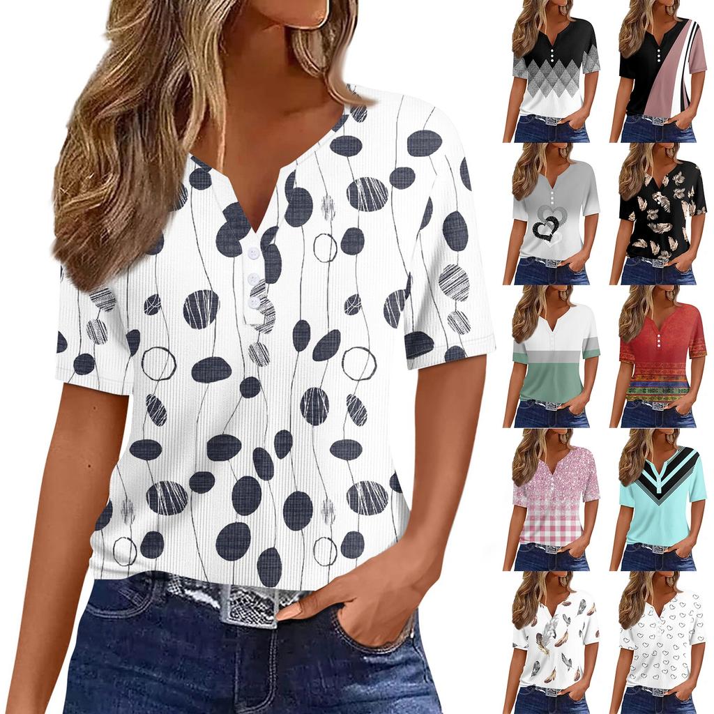 Women's T Shirt Tee Print Button Short Sleeve Tunic Daily Weekend Fashion Basic V- Neck Regular Top