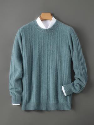 Men's Pure Wool Thick Round Neck Sweater - Warm Loose Knit, Plus Size, Autumn/Winter Collection
