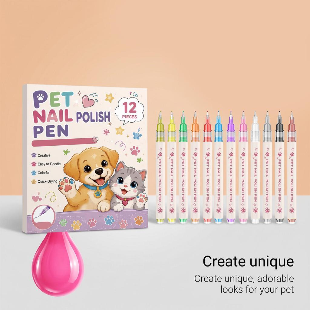 Pet Nail Color Pen 12 Piece Quick Dry DIY Safe Paint Decoration Pen Pet Nail Color for Birthday Cat Fingernail Painting Manicure