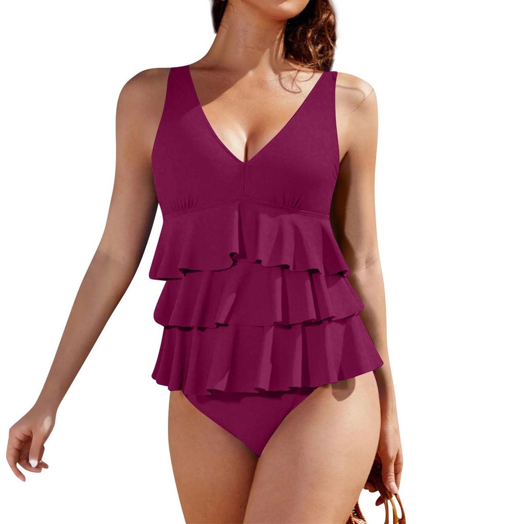 Damen Rüschen Einteiler Badeanzug V-Ausschnitt Bauchkontrolle Bademode für Strand Poolparty Elegantes Rotes Design