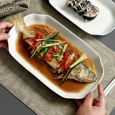 Pure White High-End Bone China Rectangular Fish Plate – Large Deep Dish for Steamed Fish