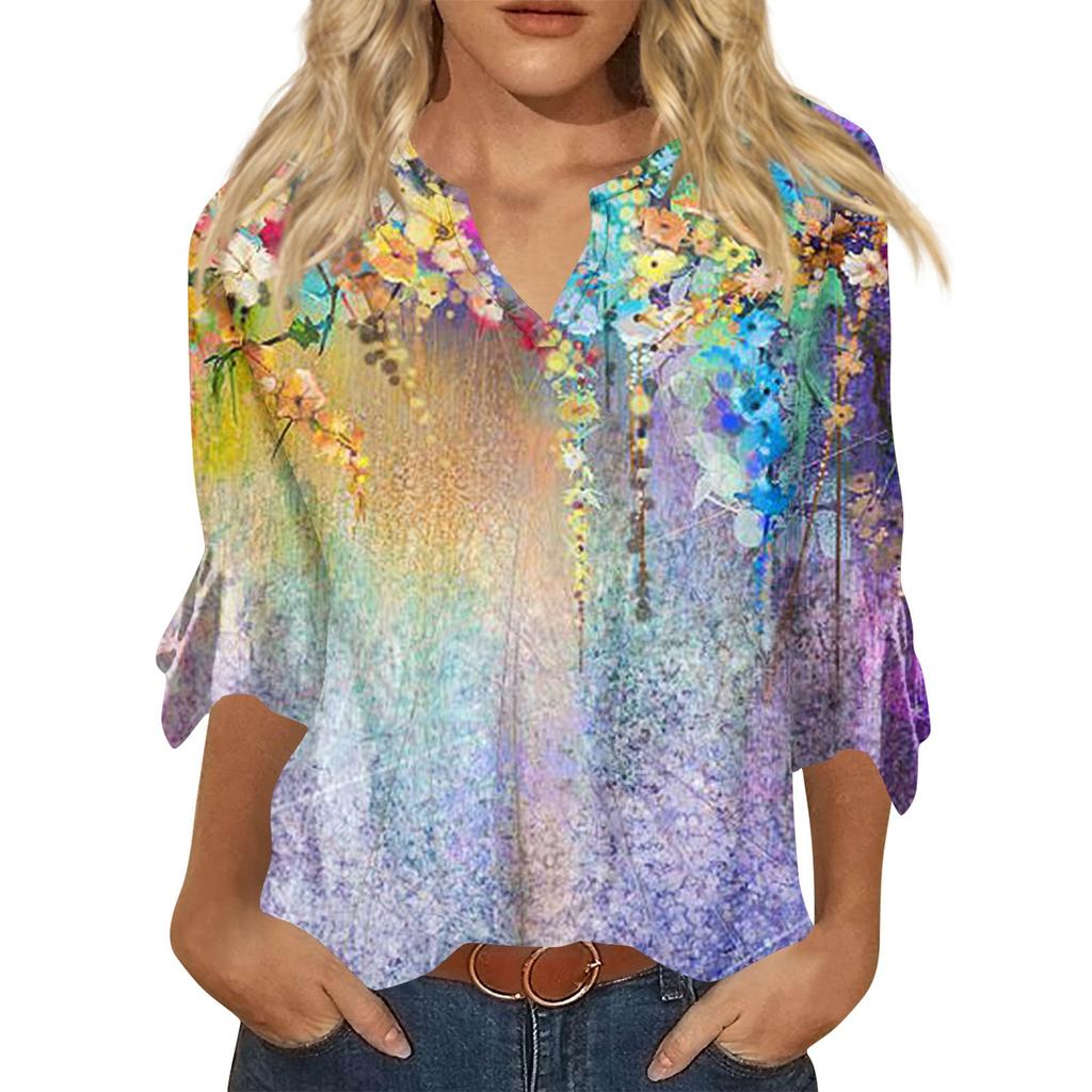 Women's Top Loose Casual V-neck Printed Blouses Bell 3/4 Sleeve T-shirt