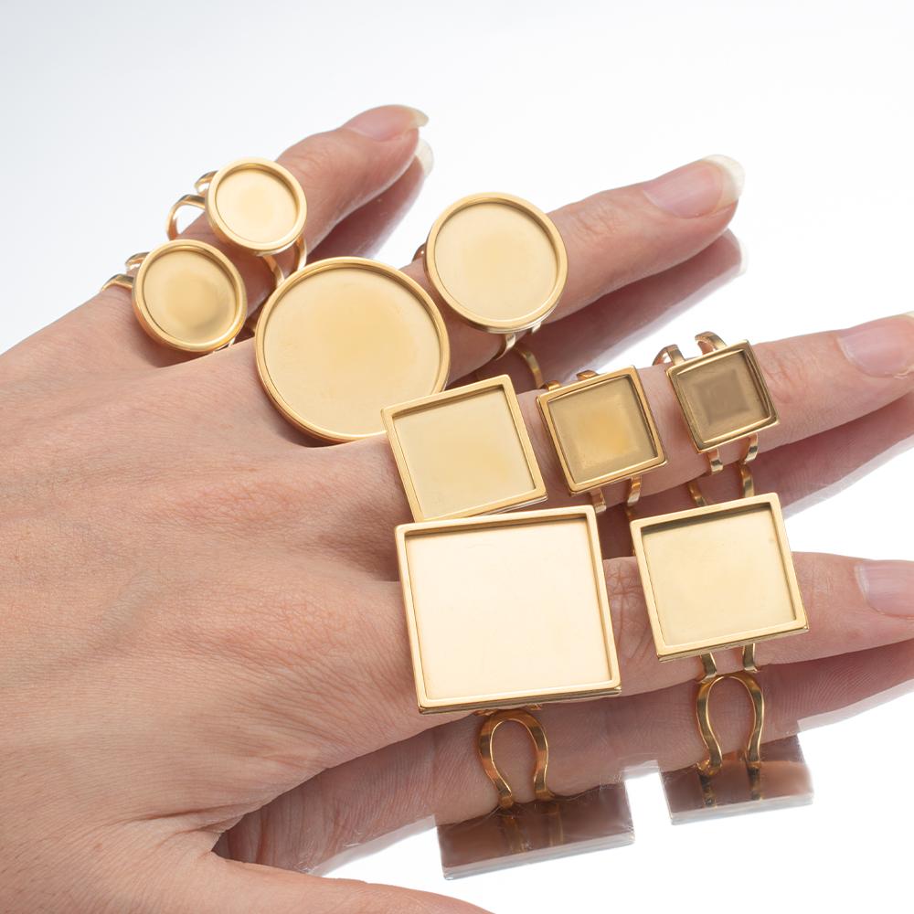 4 pièces/lot Bagues Ouvertes en Acier Inoxydable Supports Base Plate Vide Carré Rond Ovale Plateau Cabochon Résine Cadre Bijoux Fabrication