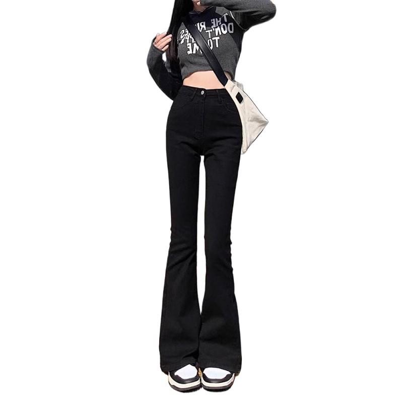 Women's Korean Style Black Micro-Flared High Waist Stretch Jeans