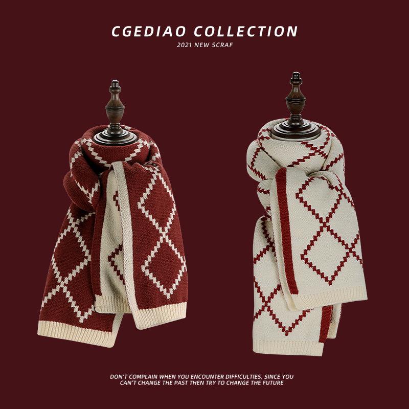 Christmas gift red scarf women's winter plaid versatile warm knitted wool senior sense student scarf