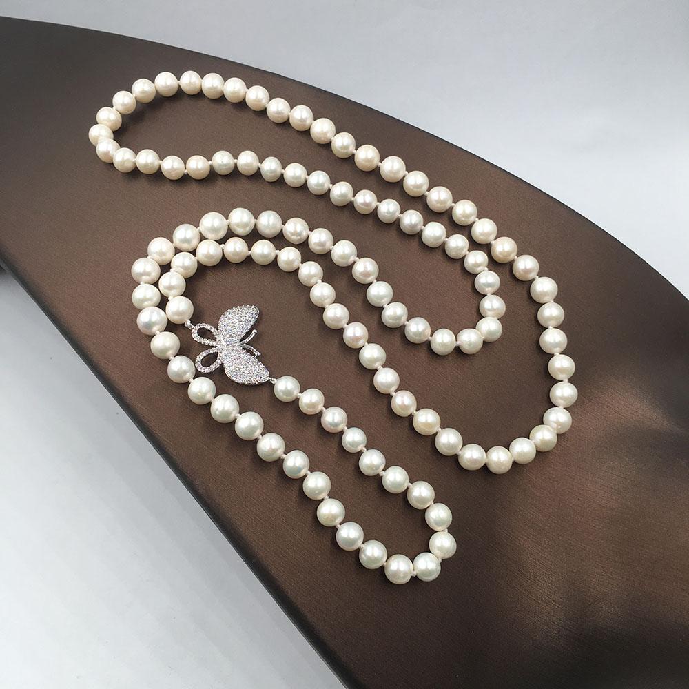 AA-grade 90 Cm Long Freshwater Pearl Necklace 7-8 Mm Round Sweater Pearl with Butterfly Accessories Good Quality Nature Necklace
