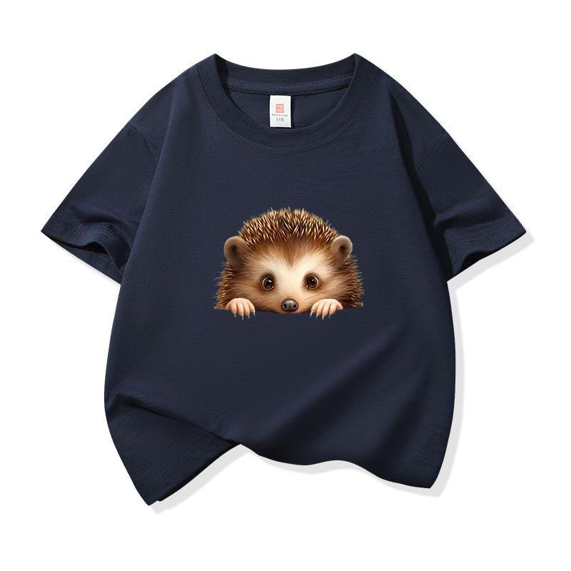 Kids Cotton T Shirt Cute Peeking Hedgehog Print Crew Neck Short Sleeve Tee Casual Breathable Boys Girls Summer Tops