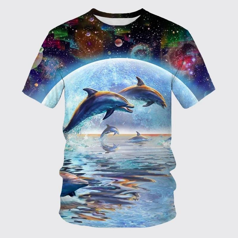 Summer New Cute Dolphin Pattern Men's Printed T-shirt Street Popular Harajuku Round Neck Plus Size Fashion Top Short Sleeve