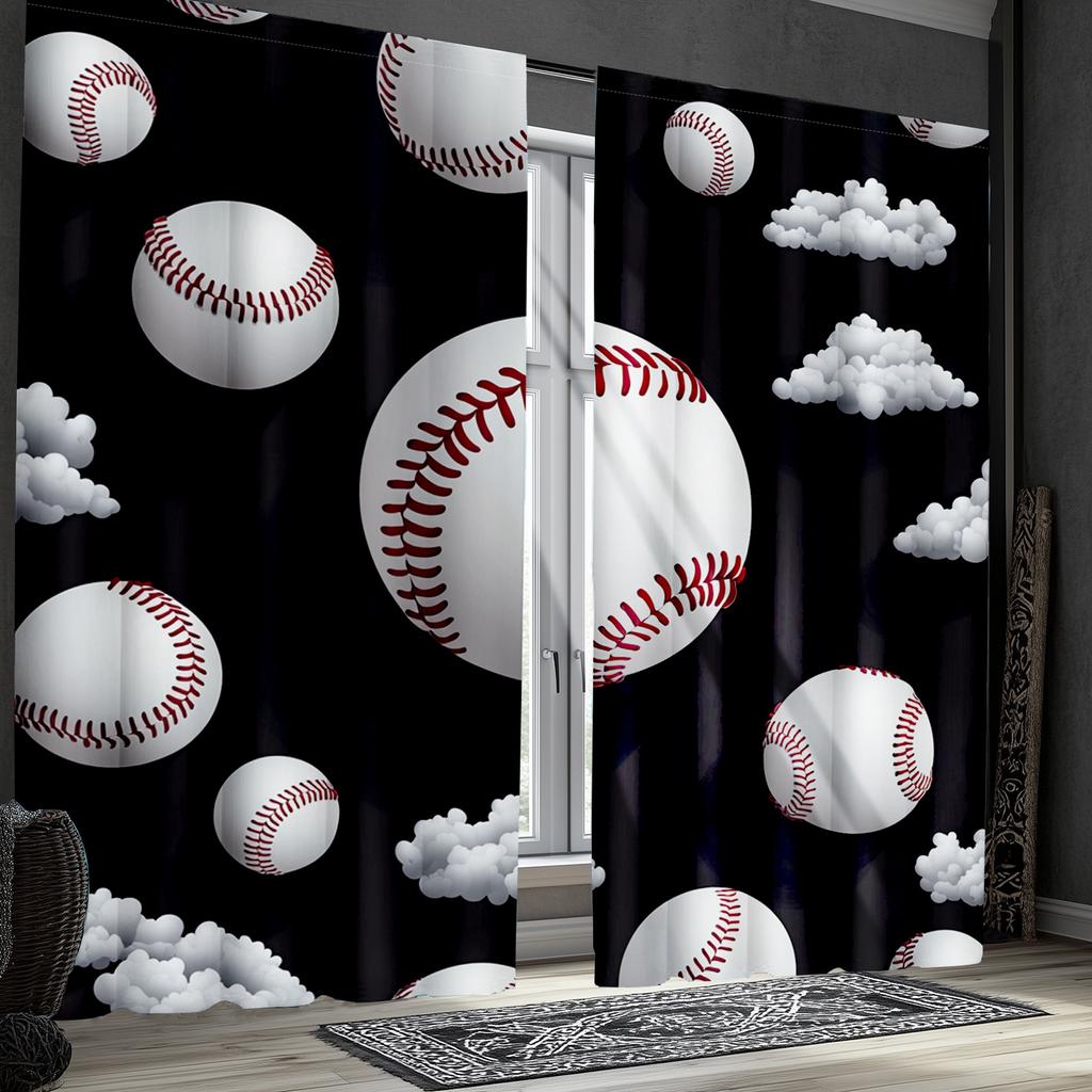 2pcs Classic Baseball Ball Polyester Curtains, Sports Themed Drapes In White, Gray, and Red for Game Rooms, Home Decor