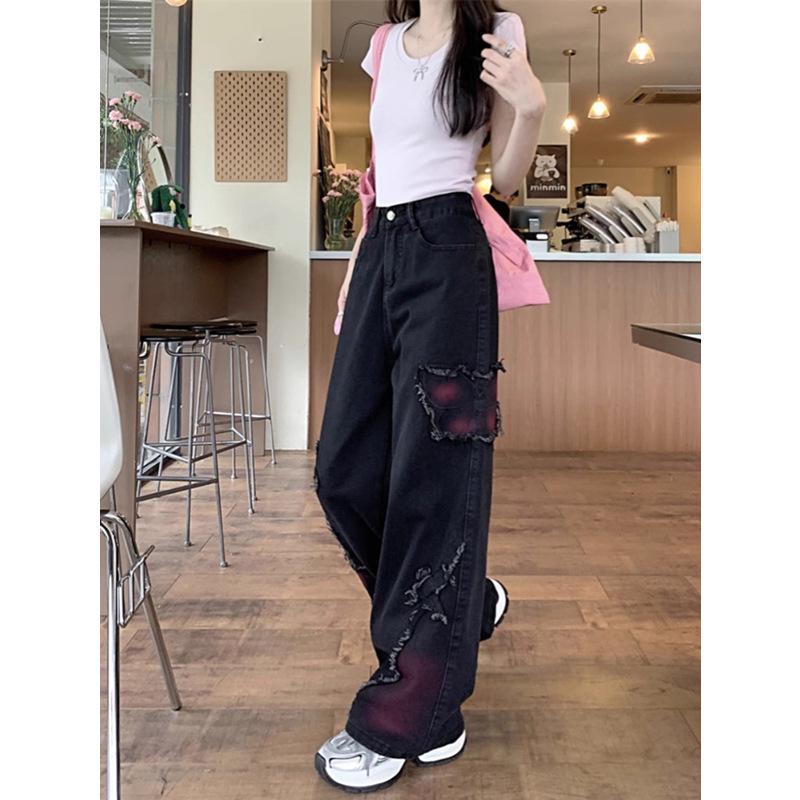 

Black Tie-Dye Butterfly High Waist Wide Leg Jeans for Women M