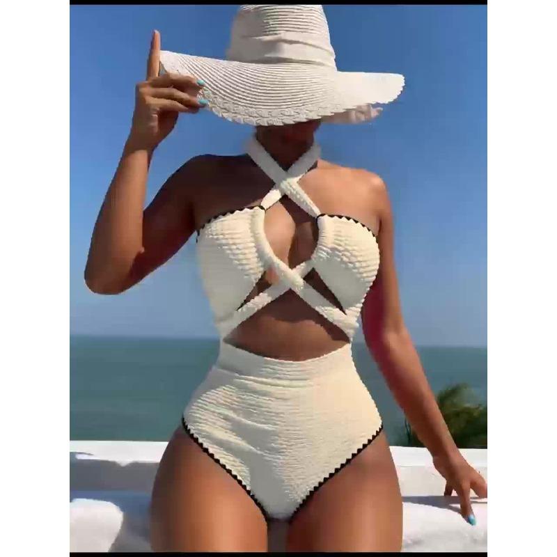 New Women'S Fashion Slim Cross-Strap Solid Color One-Piece Swimsuit