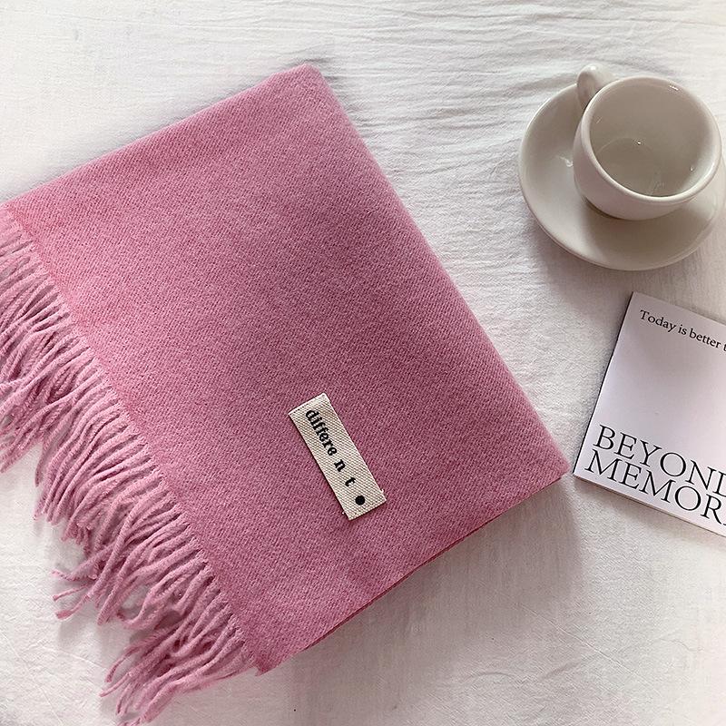 Flowing Fringe, Color-blocked, Simple Design, Faux Cashmere-like Scarf, Winter-thick, Cape-style, Student-friendly, Solid Color.