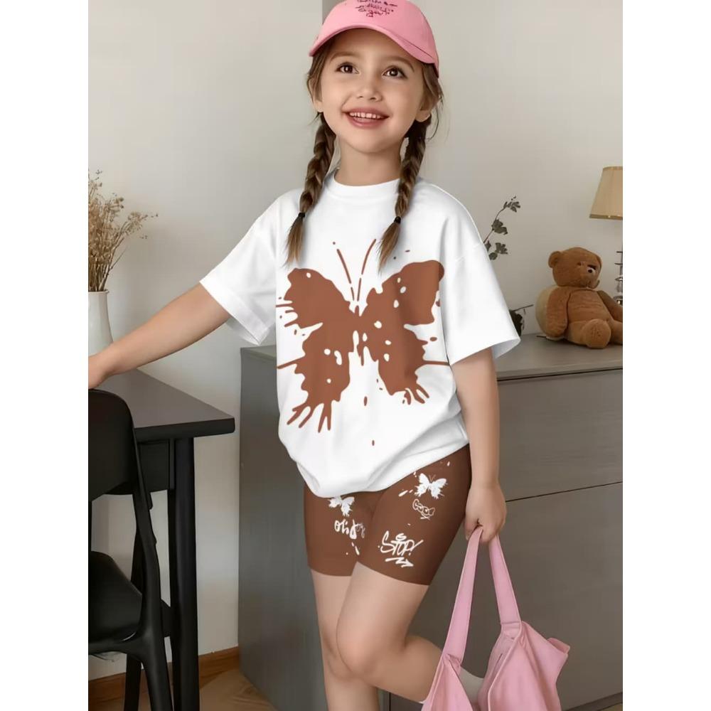 2-Piece Summer Children's Comfortable Cute Butterfly 3D Print Short Sleeve Shorts Set for Boys and Girls Casual Home Outdoor Set