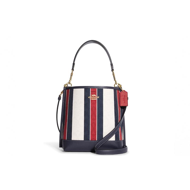

COACH Mollie Stripes Smooth Leather and Canvas Bucket Bag Hand Crossbody Shoulder Bag 22 Women s Blue White Red синій
