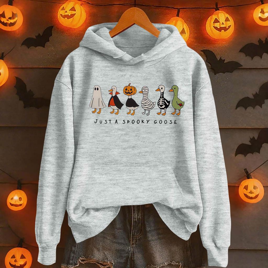 Damemote Casual Langermet trykt Rundhals hettegenser Pullover Topp med lommer