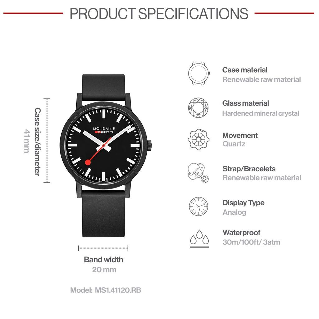 Mondaine Essence Watch Officially Black MS1.41120.RB, Imported,