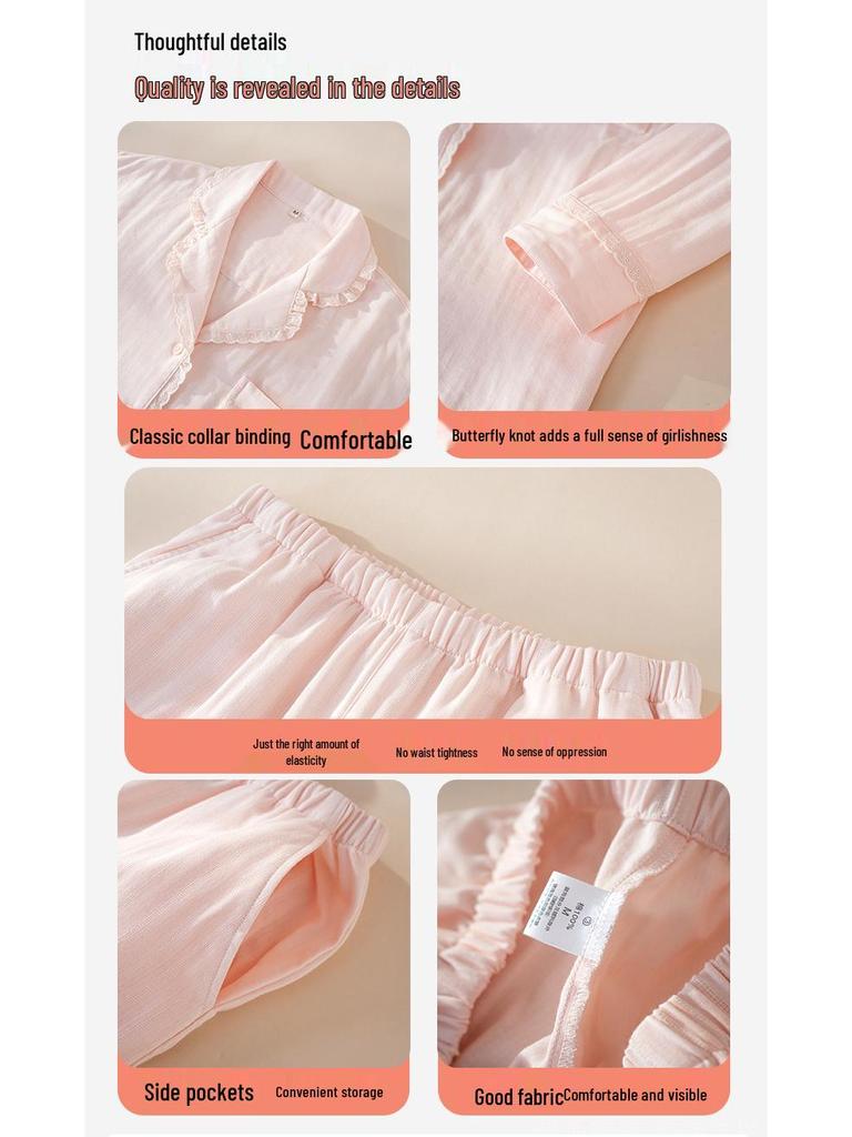 Damen-Doppellagen-Gaze-Baumwoll-Pyjama - Langarm, Vielseitig für Frühling/Sommer
