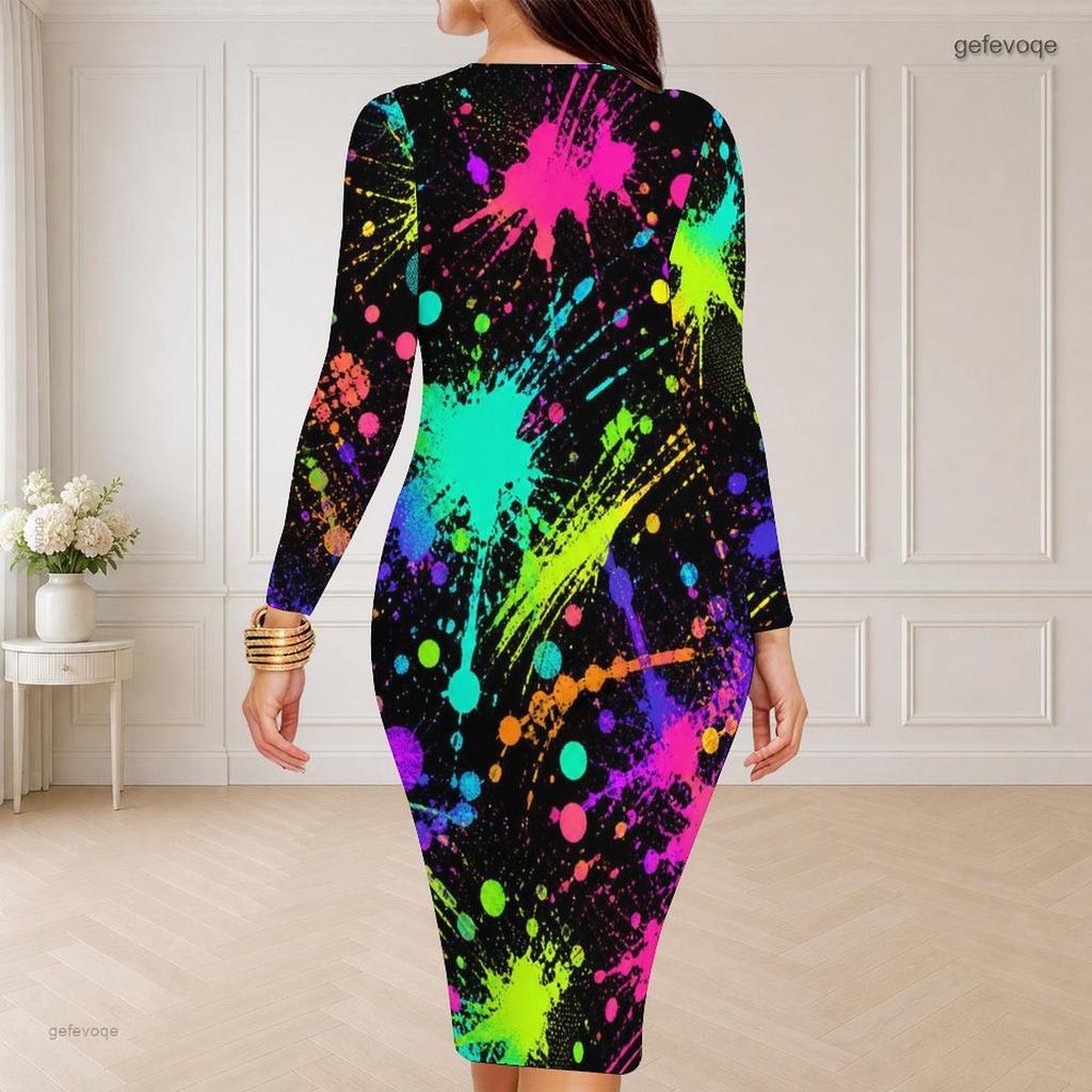 Women Plus Size Round Neck Long Sleeve Colorful Splash Printed Bodycon Midi Dress