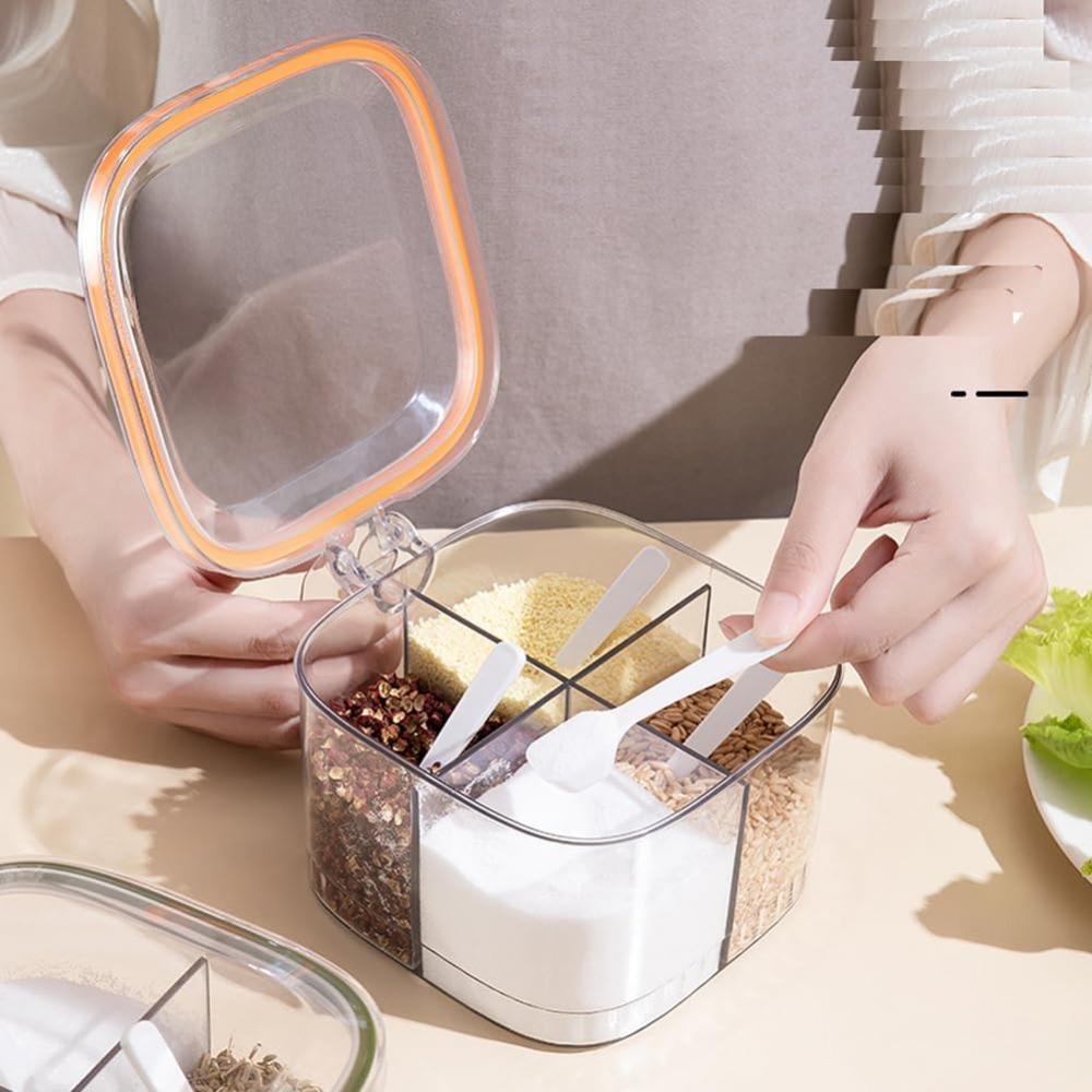 1PC Clear Plastic 4 Compartments Seasoning Box with Spoon and Lid Home Kitchen Condiment Jar Spice Container Spice Salt Canister