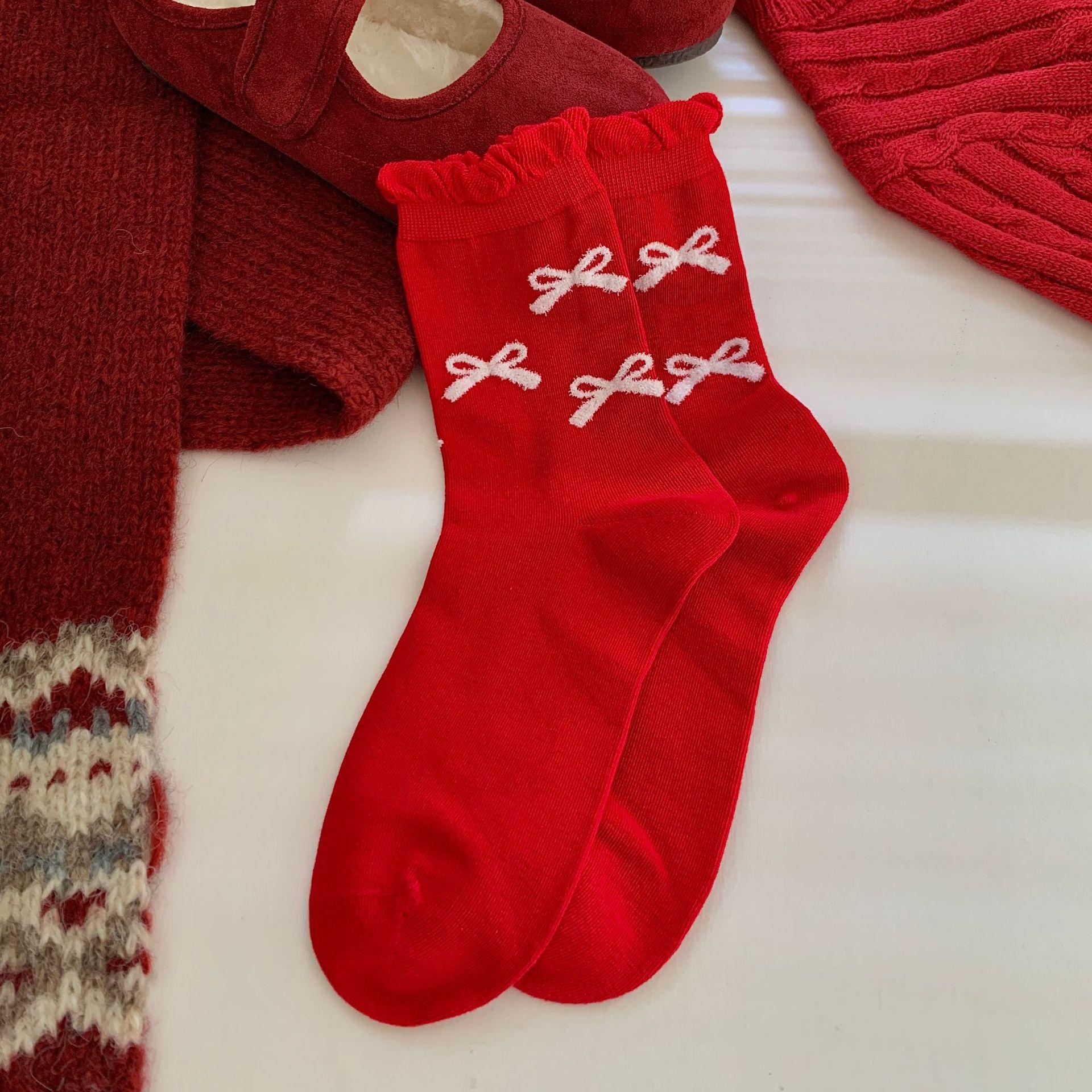 Christmas Bright Red Cute Socks Bow New Year Red Stacked Medium Tube Socks Red Socks