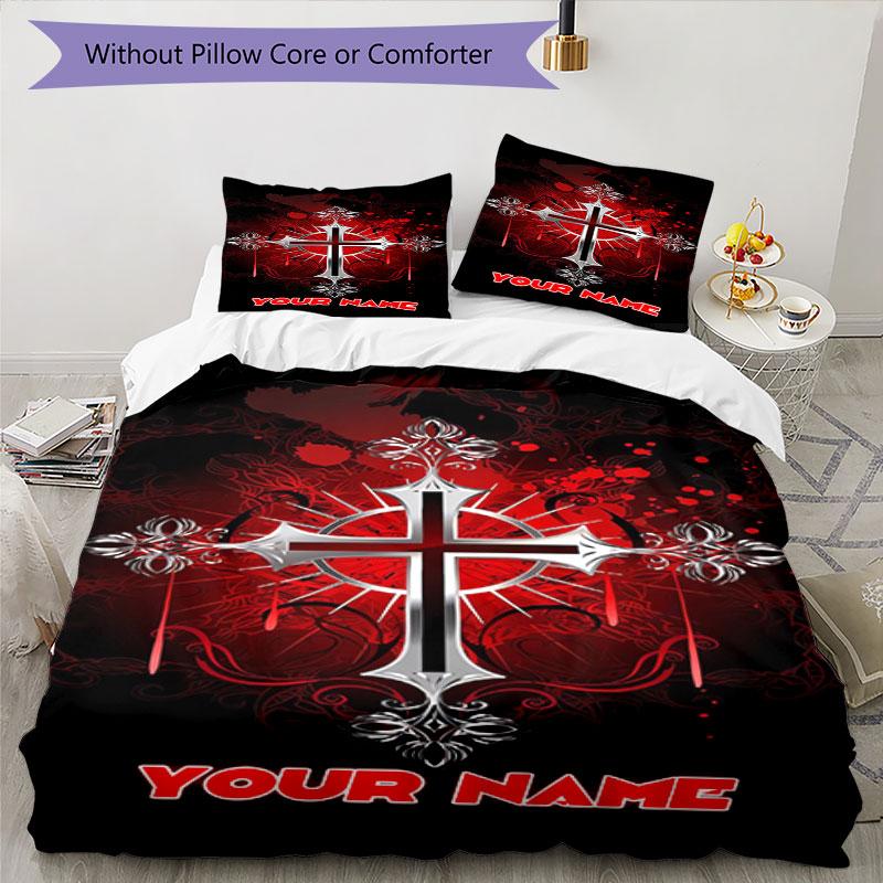 3PC Custom Name Elegant Gothic Cross Bedding Set Duvet Cover Closure Includes 1 Duvet Cover & 2 Pillowcases for Bedroom