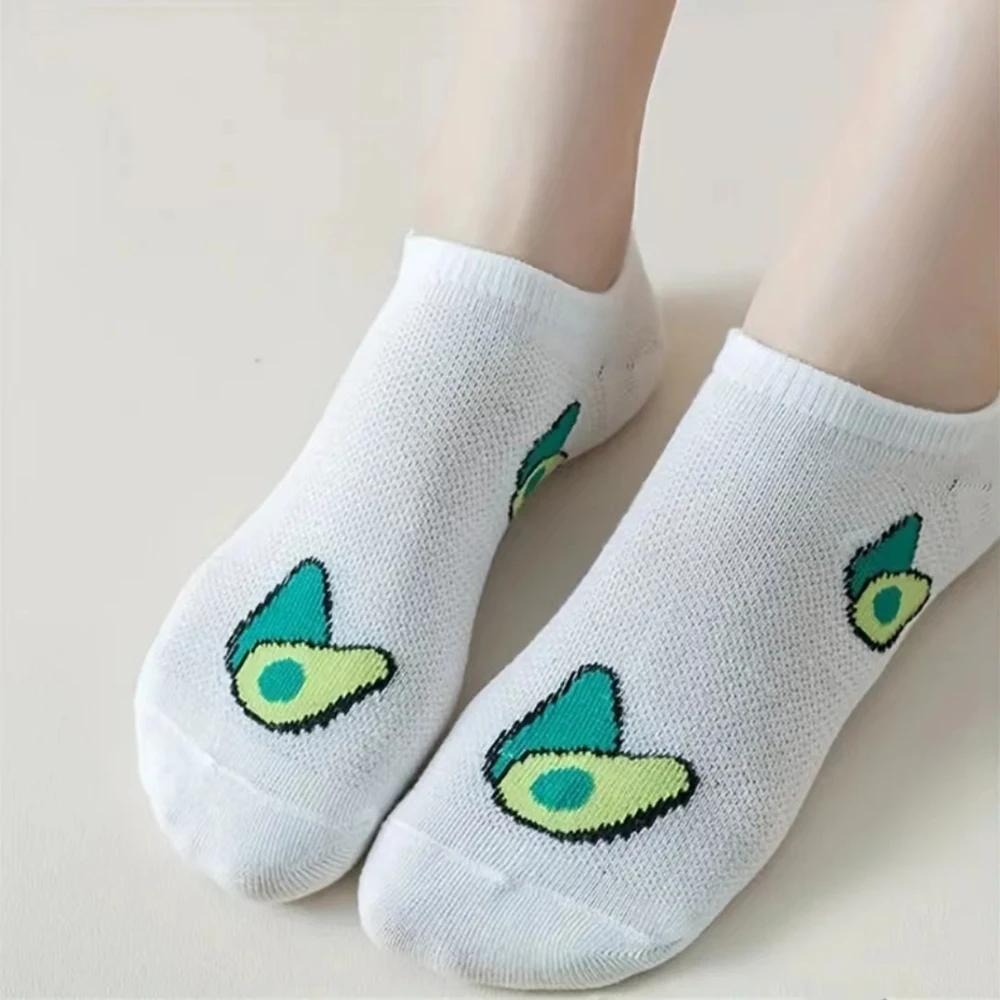 5 Paar Avocado Crew Knöchelsocken Cartoon Frisch Mode Atmungsaktiv Sommer und Herbst Kawaii Komfort Damen Low Cut Bootssocken