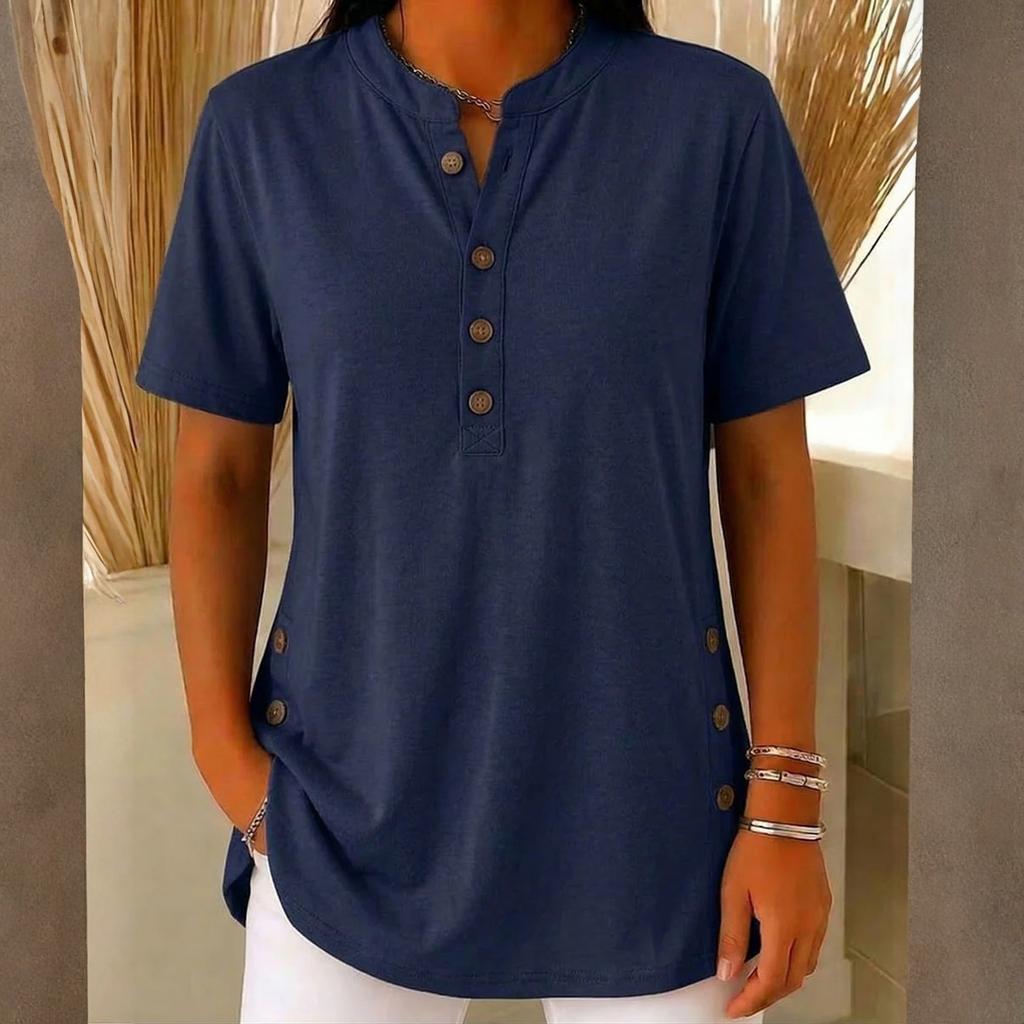 Women's Loose Casual V-Neck Button-Up Short-Sleeve T-Shirt