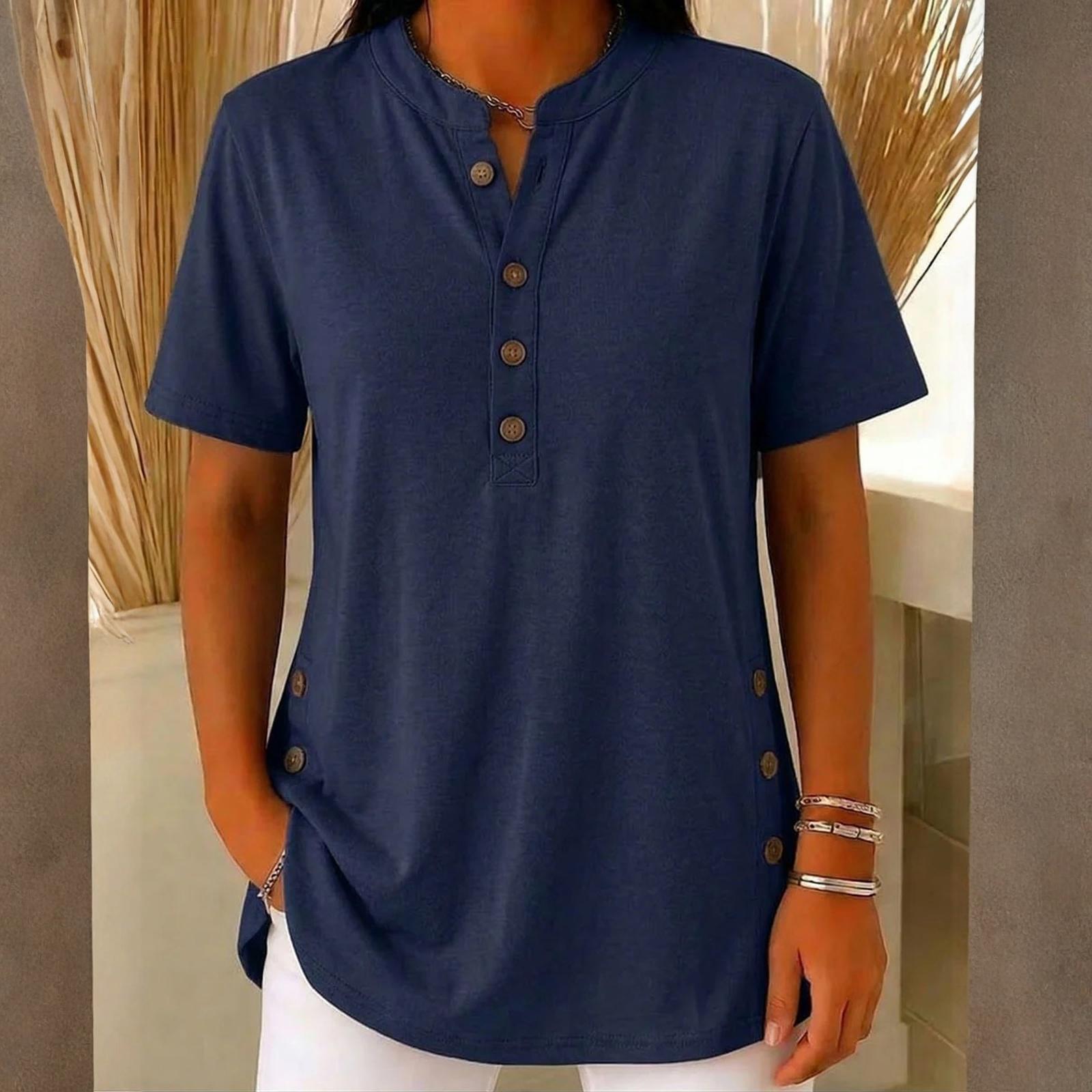 Women s Loose Casual V-Neck Button-Up Short-Sleeve T-Shirt XXL