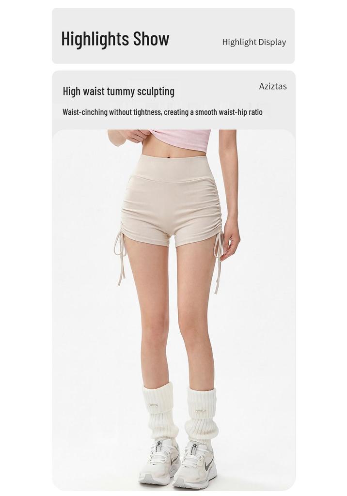 High-Waisted Quick-Dry Pleated Yoga Shorts: Butt-Lifting, Three-Quarter Length, with Drawstring for Running and Training