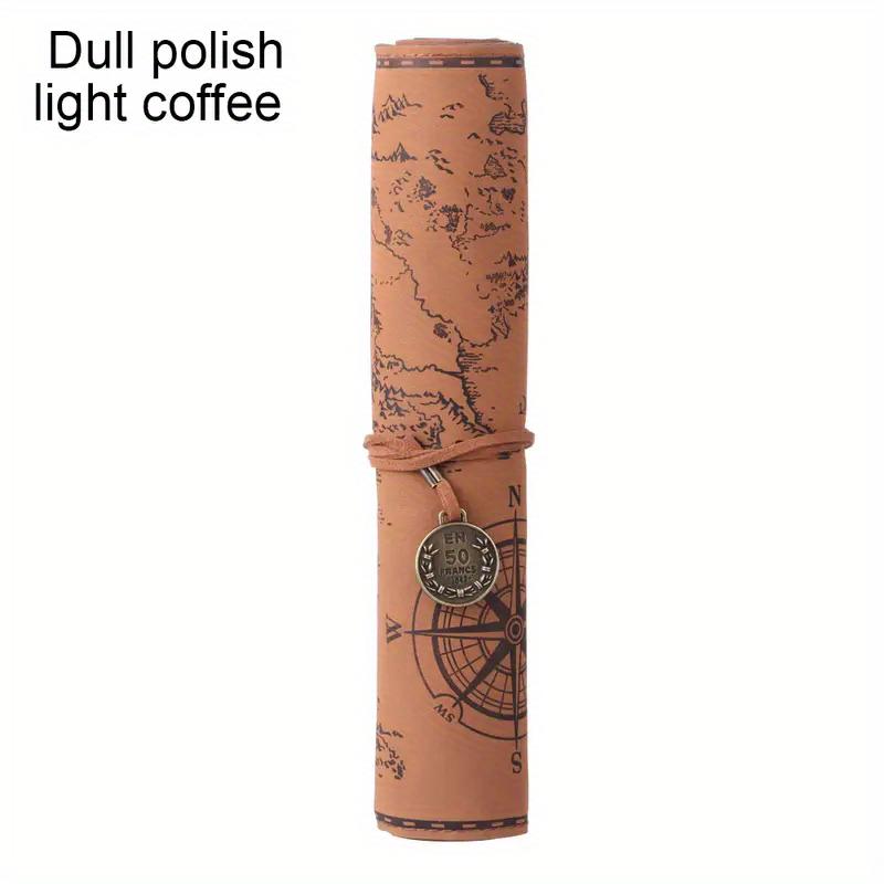 Creative Treasure Map Retro Pencil Case Leather Large Capacity Roll Pencil Bag Embossed Buckle Simple Stationery Box Roll Portable Pencil Pen Holder