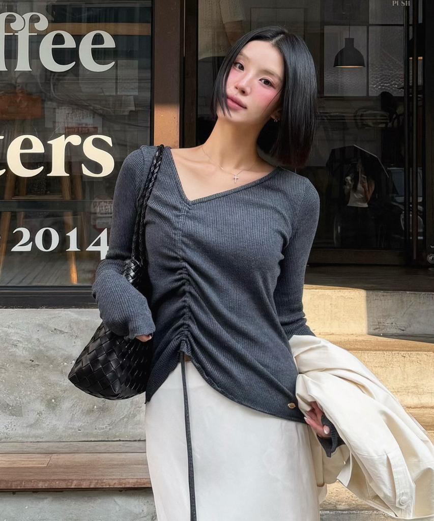 NONLOCAL Shirred Line String Knit Top - Charcoal