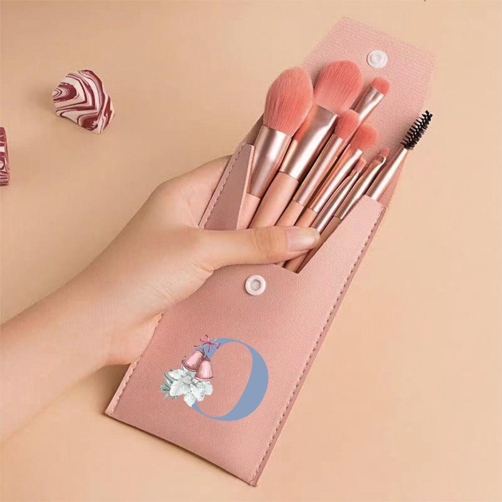 8pcs Pink Professional Makeup Brushes Set Soft Synthetic Bristles For Foundation, Blush With Travel Case Blue Pattern