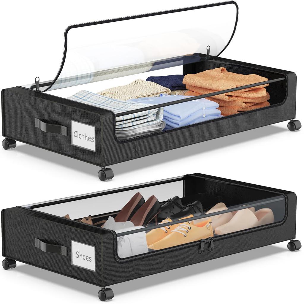 Under Bed Storage with Wheels Under Bed Storage Containers with Dividers Clear Lids 65L Under The Bed Storage Organizer Bins