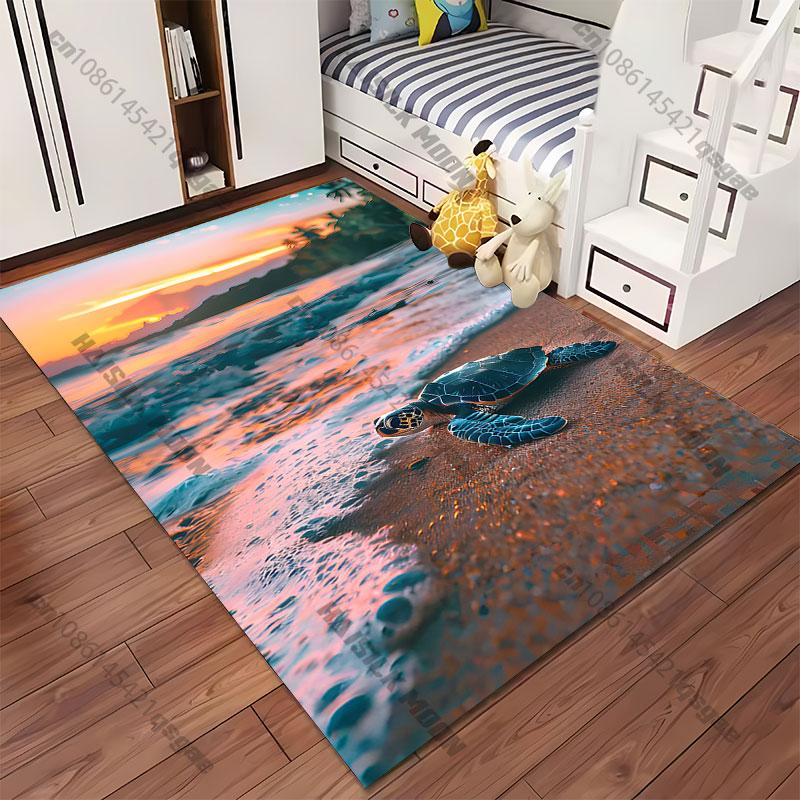 Turtle resting on colorful beach carpet Yoga living room room decor children's crawling mat doormat area rug games mat