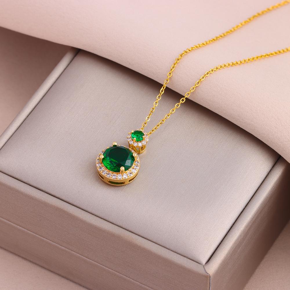 New Vintage Luxury Green Zircon Crystal Pendant Stainless Steel Necklaces For Women Trendy Retro Female Clavicle Chain Jewelry