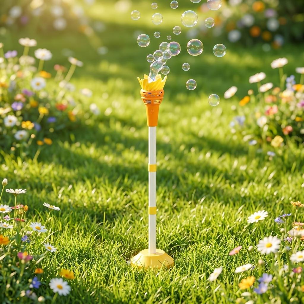 Outdoor Bubble Machine with Light-Up Pole Stand Adjustable Height Battery Operated Bubble Blower Toy for Kids Backyard Fun
