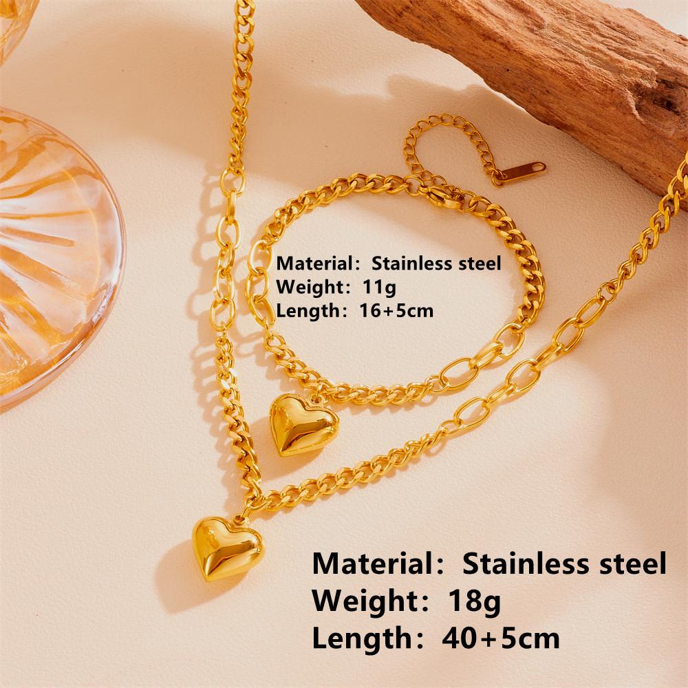Niche Titanium Steel Heart Pendant Necklace and Bracelet Set - Colorfast Stainless Steel