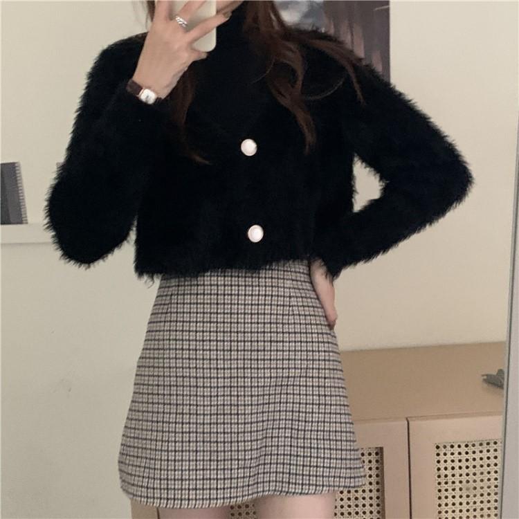 Spring Autumn Women V-neck Imitation Mink Fur Soft Mohair Knitted Sweater Cardigan Coat Short Top