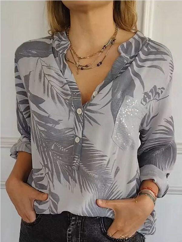 2025 Spring/Summer Women's Loose Casual Long-Sleeve Sequin Pocket Print Shirt