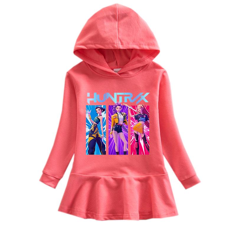 Kpop Demon Hunter Girls' Rainbow Ruffle Hooded Dress – Long Sleeve Princess Style for Spring & Autumn