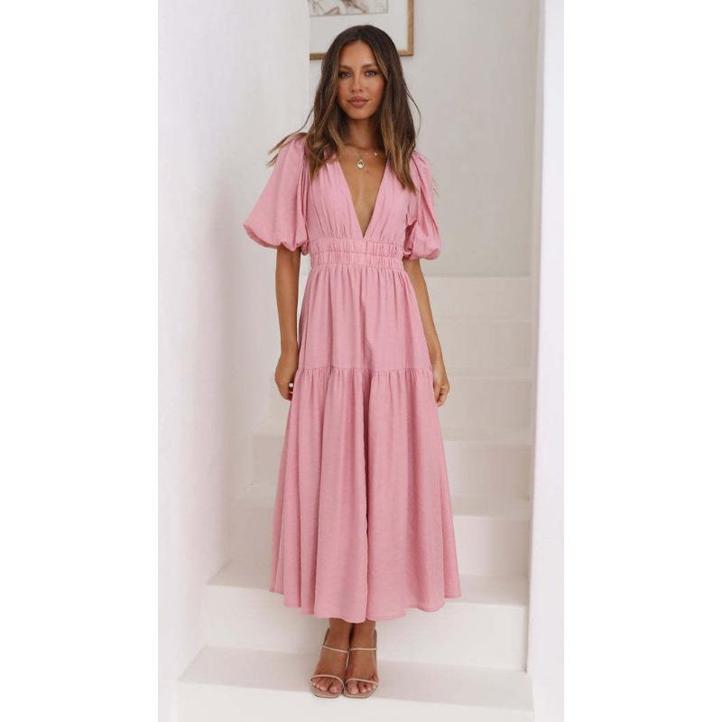2025 Summer Deep V-neck Puff Short Sleeve Fashion Women Dress New Elegant Solid Color Loose Party Medium and Long Dress Women Slim Fit Women Clothing