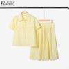 ZANZEA Women Short Sleeve Blouse and Skirts Summer Stripe Two Piece Suit Sets