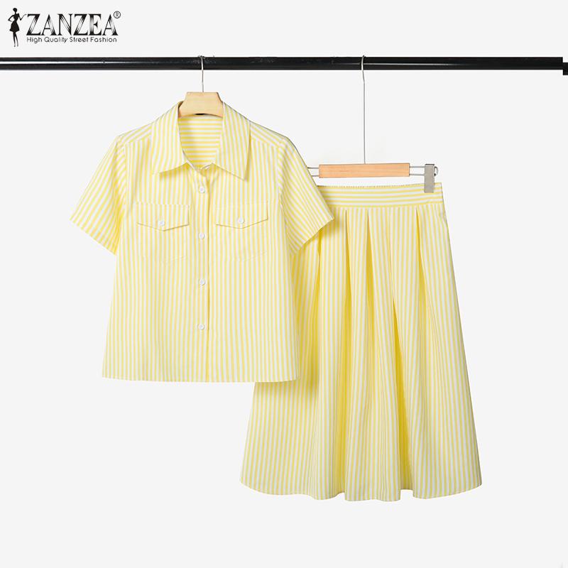 ZANZEA Women Short Sleeve Blouse and Skirts Summer Stripe Two Piece Suit Sets