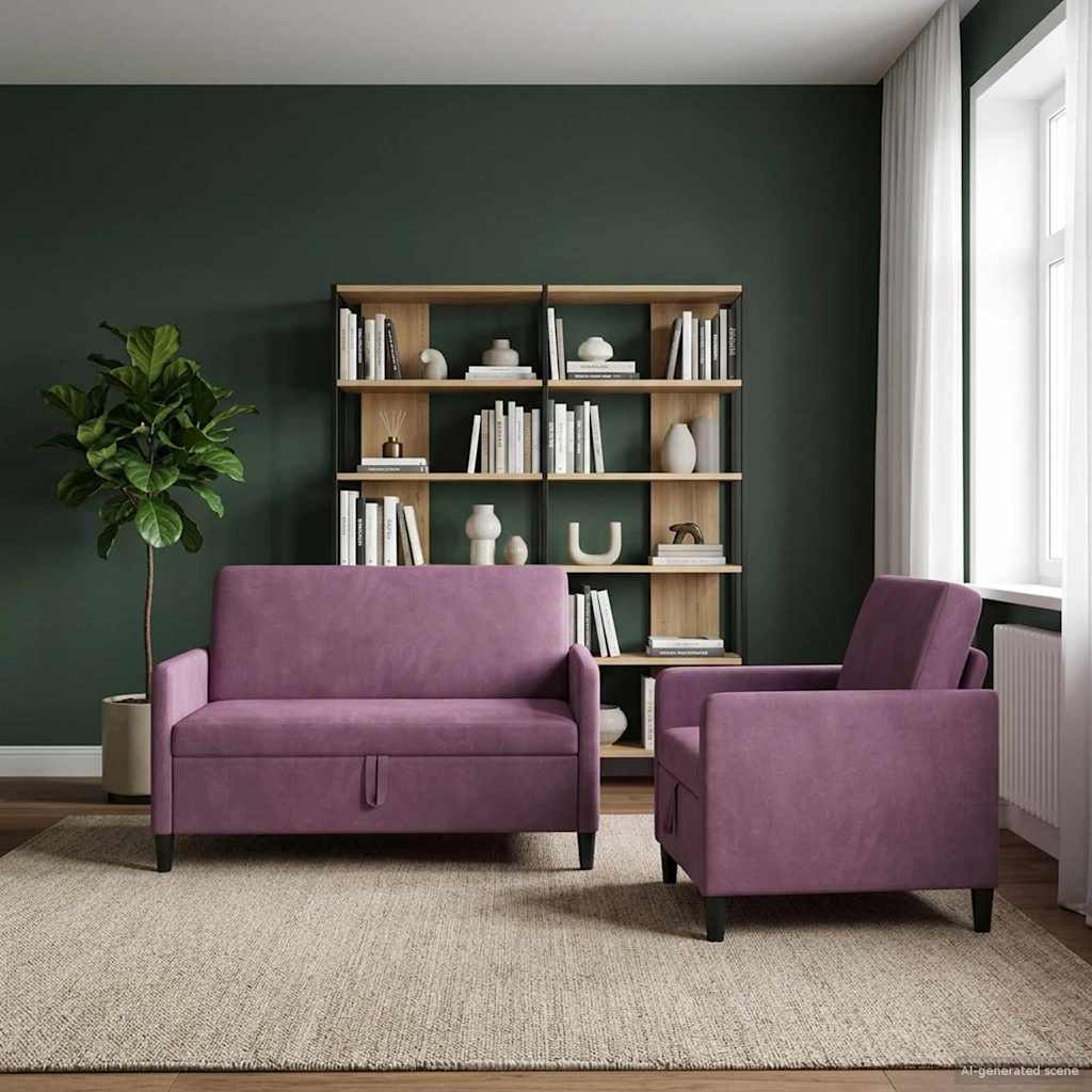 Storage Sofa Set 2 Pcs Purple Polyester