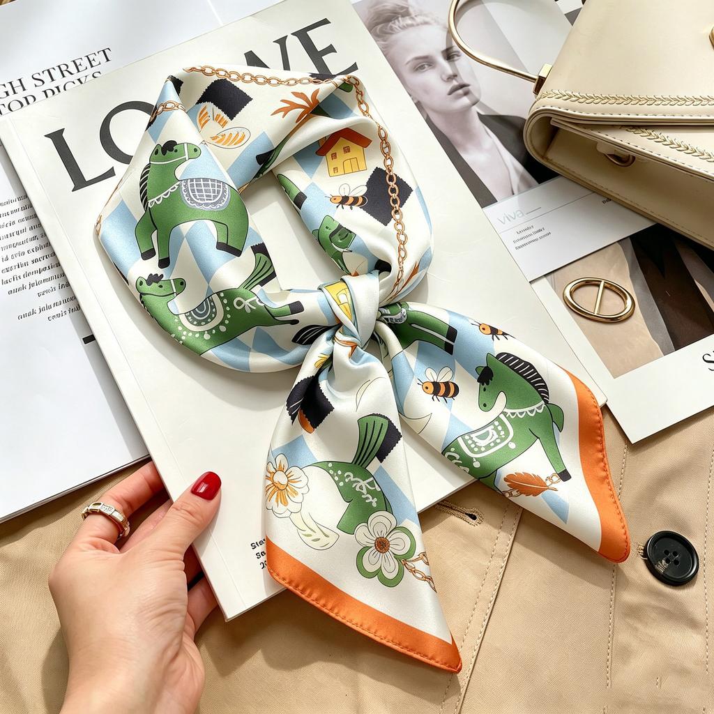 Commuter elegant flower silk scarf women's contrasting color retro printing satin scarf shirt with multi-purpose decorative small scarf