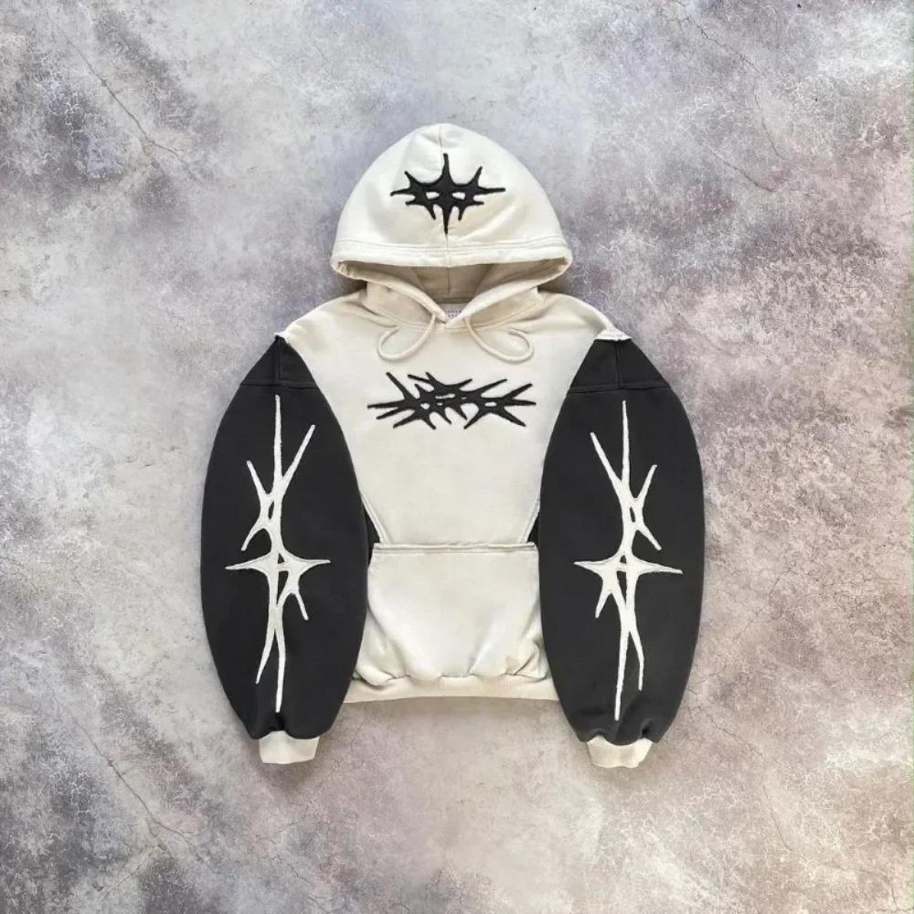 RogueWave Fashion Streetwear Vintage Black Star Patchwork Hoodie Oversized Embroidered Pullover Sweatshirt Gothic Y2k Men Women Clothing