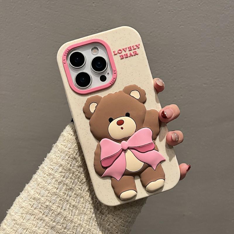 Lovely Pink Bowknot Bear Soft Silicone Case For iPhone 13 14 15 16 Pro Max Cartoon Cute Shockproof Protective Phone Cover