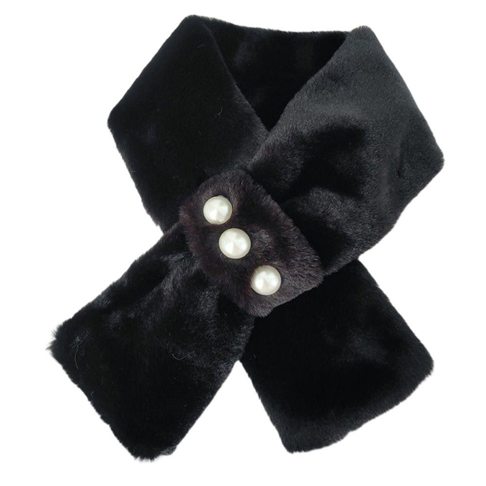 Elegant Solid Color Plush Cross Scarf Imitation Pearl Winter Warmer Neck Scarf Comfortable Neck Warmer Evening