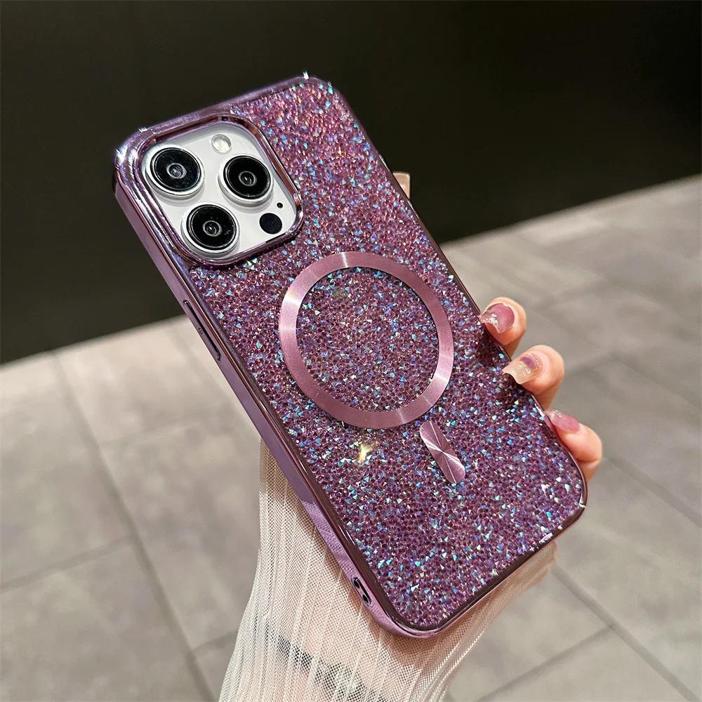 

Luxury Bling Glitter Diamond Magnetic Phone Case for IPhone 17 16 15 14 Plus 13 12 Pro Max for Magsafe Wireless Charging Cover iPhone 16 фиолетовый